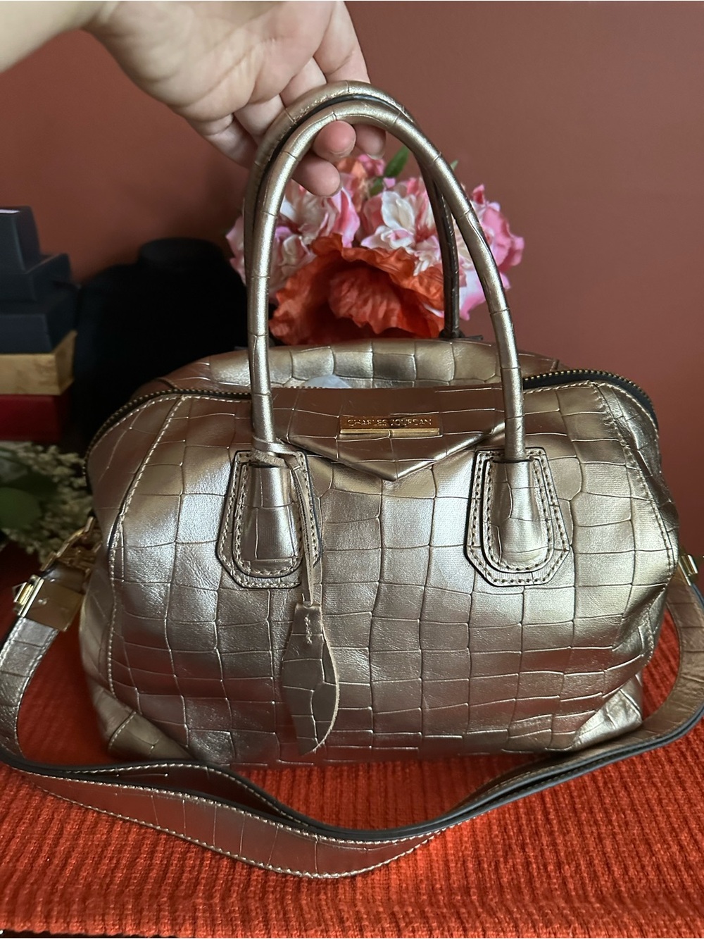Vintage Charles Jourdan Metallic Croc-Embossed Satchel Handbag - Gold
